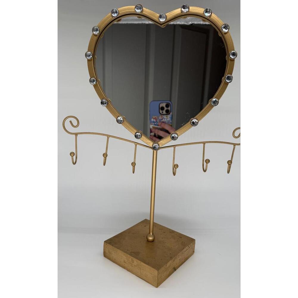 Vintage Gold Heart Mirror Jewelry Stand - Glam Vanity Decor